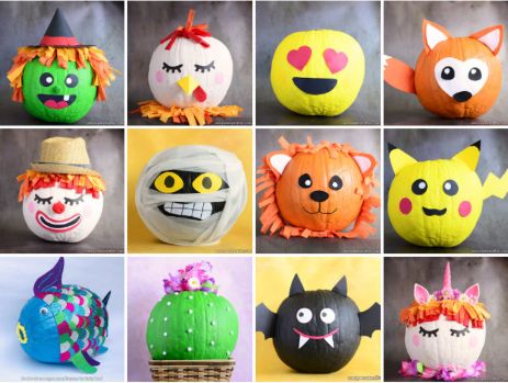 A collage of pumpkins painted with different faces

Description automatically generated